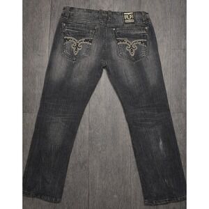 Rock Revival Tavin Alt Straight Jeans Mens 44 Gray Faded Fleur De Lis Embrodier